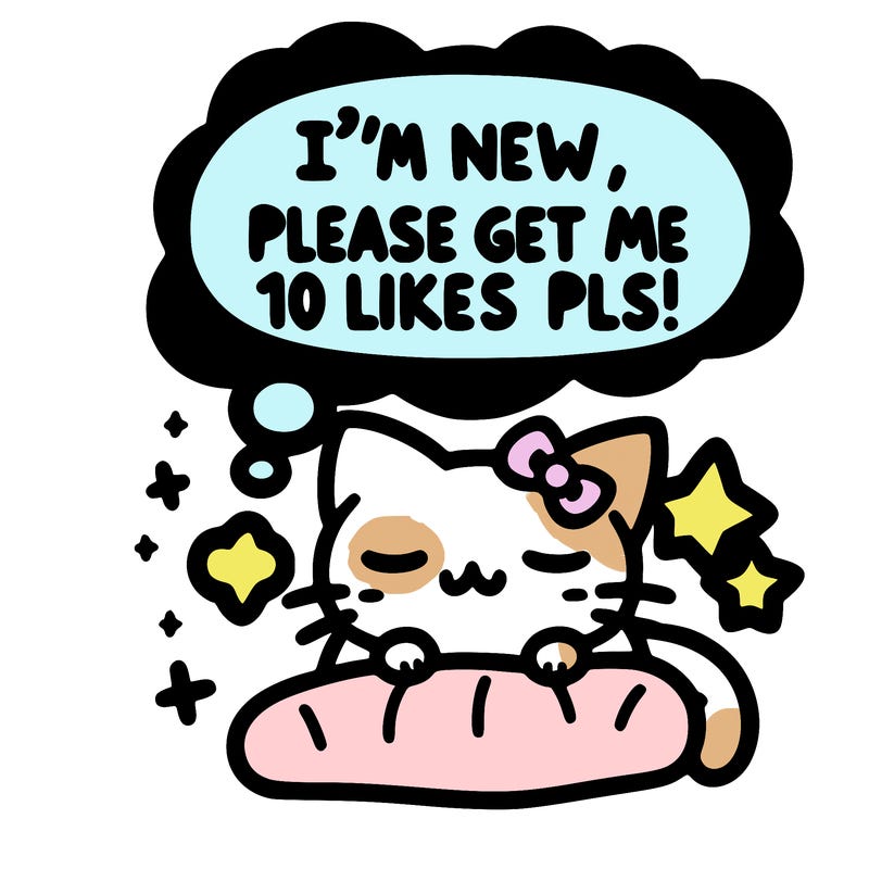 kitty taking a nap dream talking and saying "i'm new, please get me at least 10 likes pls!!"