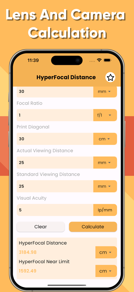 HyperFocal Proアプリのインターフェースで、極限被写界深度のレンズとカメラの計算画面が表示されています