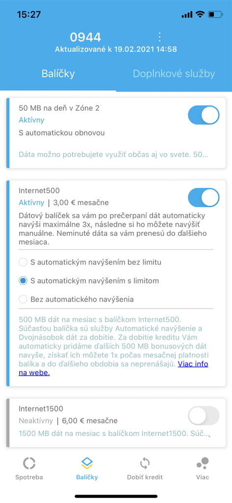 Interfaccia dell'app Moj Tesco Mobile Slovakia che mostra varie opzioni di pacchetti dati e impostazioni di rinnovo automatico.