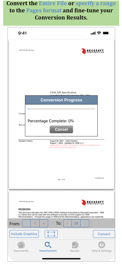 PDF to Pagesアプリのインターフェイス。変換進行状況ウィンドウとページ範囲選択オプションが表示されています。