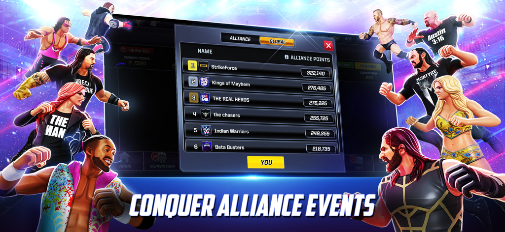 WWE Mayhem - Tabla de clasificación global de alianzas en WWE Mayhem con varias superestrellas de la WWE