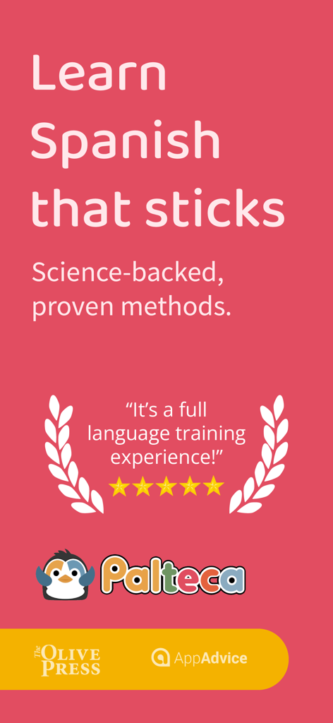 Promotional banner for Palteca Spanish learning app highlighting science-backed methods and a five-star user review.