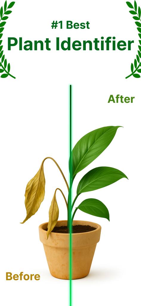 Plant Identifier - PlantScan - Una comparación de antes y después que muestra una planta marchita con hojas amarillas restaurada a una planta verde y saludable usando la aplicación de escaneo de plantas