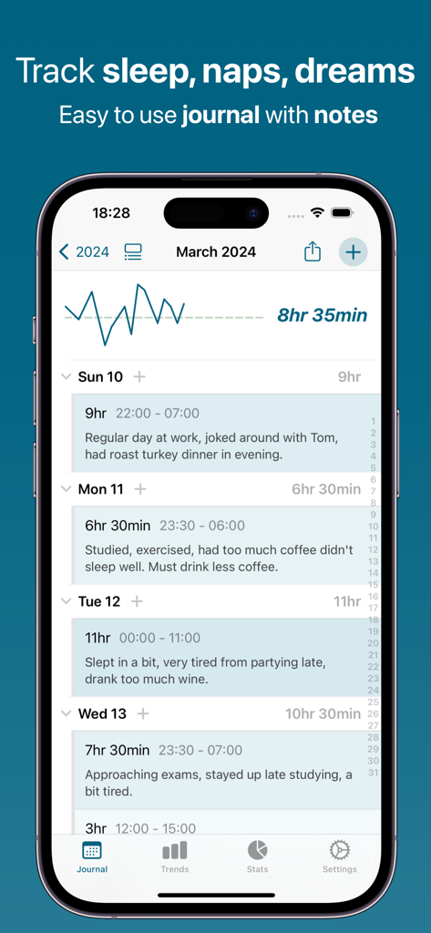 Sleep Tracker CPAP Feeltracker - Feeltracker app interface displaying a detailed sleep journal with daily logs and personal notes