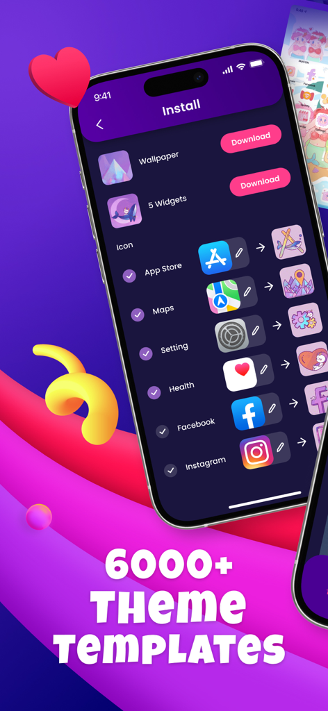 Color Widgets: Icon Themes - iPhone screen displaying custom app icons and aesthetic theme templates in the Color Widgets app