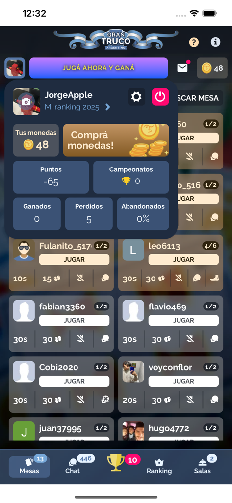 Gran Truco Argentino - User profile interface and game lobby in the Gran Truco Argentino app