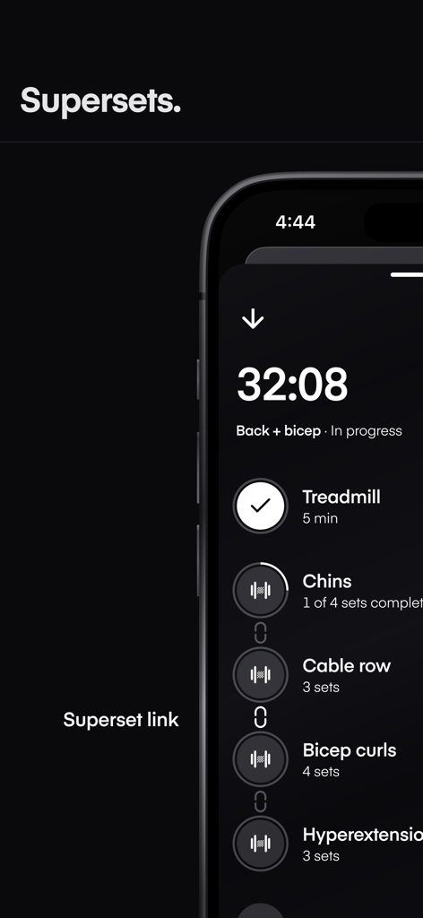 Dropset: Gym tracker - Interface of the Dropset gym tracker app demonstrating linked superset exercises during a back and bicep workout.