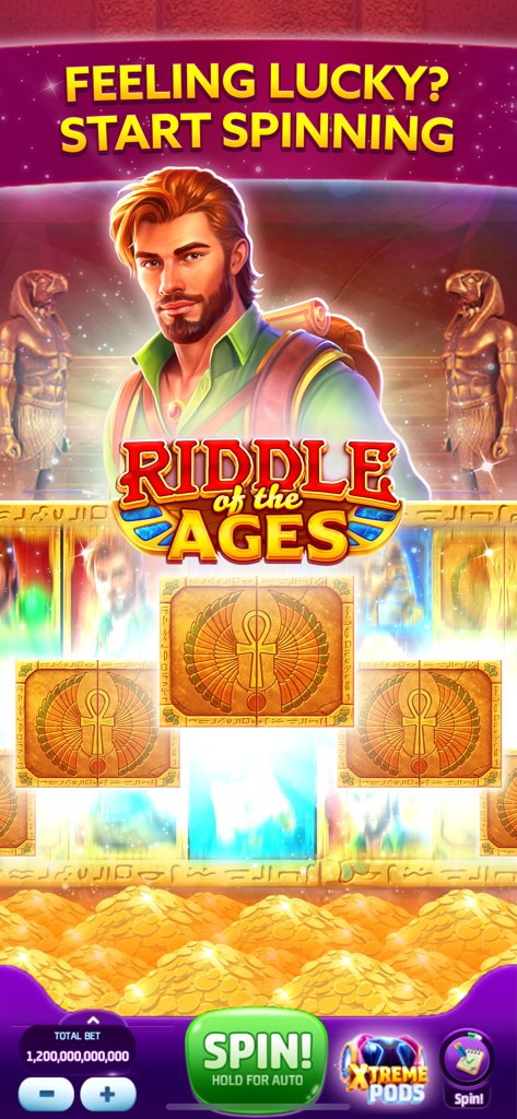 Slotomania™ Slots Machine Game - Slot machine egiziana a tema Riddle of the Ages di Slotomania con un personaggio avventuriero e monete d'oro