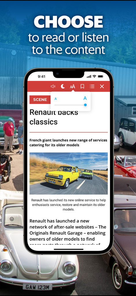 Interfaccia dell'app Classic Car Weekly che mostra un articolo sulle Renault d'epoca con opzioni per regolare la dimensione del testo o ascoltare la versione audio.