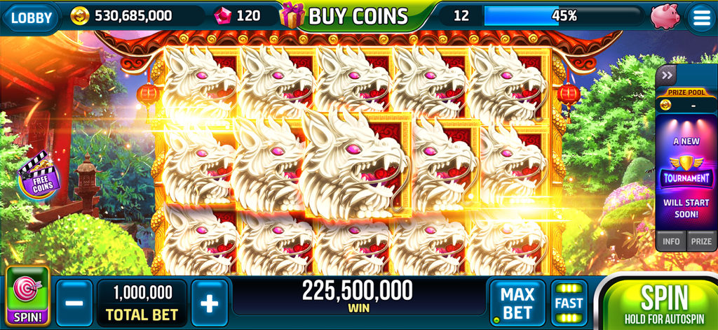 Prosperity Slots Casino Game - A big win screen on Prosperity Slots Casino Game featuring multiple white dragon symbols and a high coin payout.