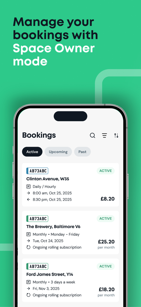 Mobile screen showing the bookings management interface for parking space owners in the YourParkingSpace app