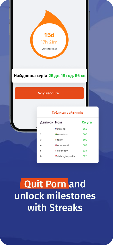 BlockerX app screen displaying a current streak counter and community ranking table