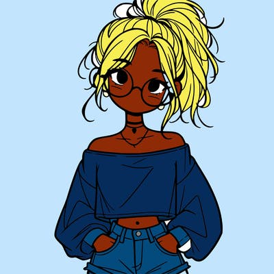 girl with a messy ponytail glasses a baggy crop top and jean shorts