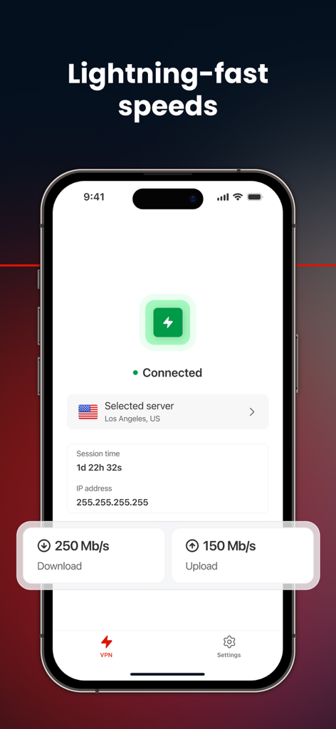 MEGA VPN – Privacy Online - MEGA VPN app interface showing high download and upload speeds with a connected status