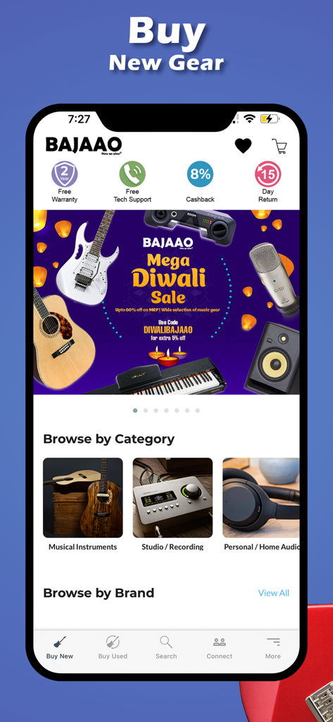 BAJAAO 앱 홈 화면에 판매용 악기와 장비가 표시되어 있습니다.