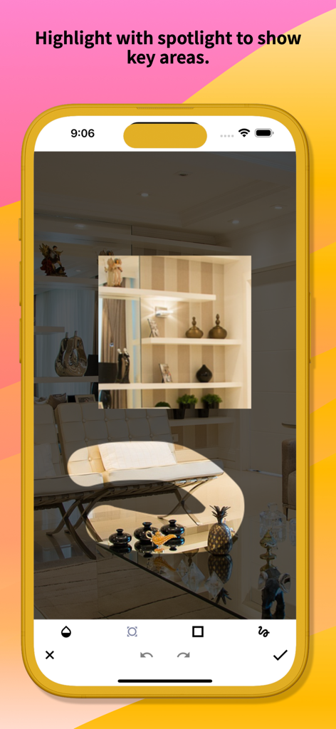 Smartphone screen displaying the Snap Markup spotlight and magnification tools on an interior photo