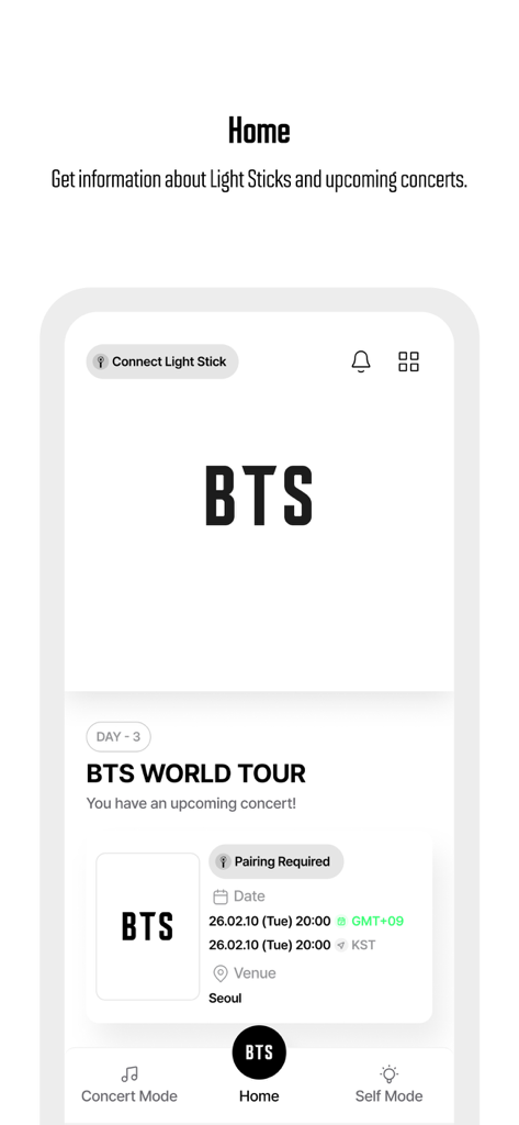 BTS Official Light Stick Ver.4 - Pantalla de inicio de la aplicación BTS Official Light Stick mostrando el horario del concierto y los requisitos de emparejamiento.