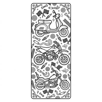 Get ready to color your own fleet of mini-motorcycles with this exciting bookmark design. Featuring three distinct bike styles surrounded by cool mechanical details, it's perfect for marking your spot in any book.