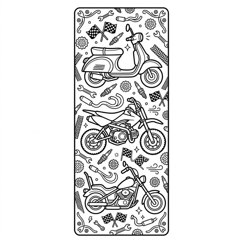 Get ready to color your own fleet of mini-motorcycles with this exciting bookmark design. Featuring three distinct bike styles surrounded by cool mechanical details, it's perfect for marking your spot in any book.
