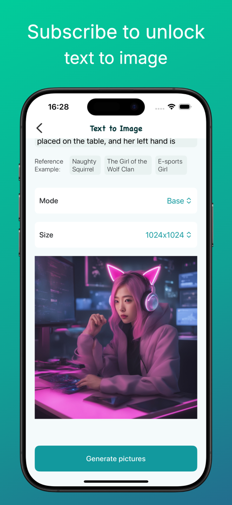 A mobile interface for Kimi-AI showing the text-to-image feature with a generated picture of an e-sports girl with pink hair and cat-ear headphones.