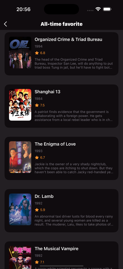 Una lista de películas favoritas clásicas en la interfaz de la aplicación HiTV StreamHub Cinema que muestra títulos como Shanghai 13 y Dr. Lamb
