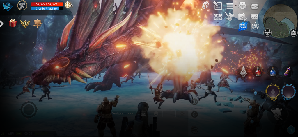 Gameplay de Lineage 2 Revolution montrant un groupe de joueurs engagés dans un raid massif contre un boss dragon avec des effets de combat explosifs