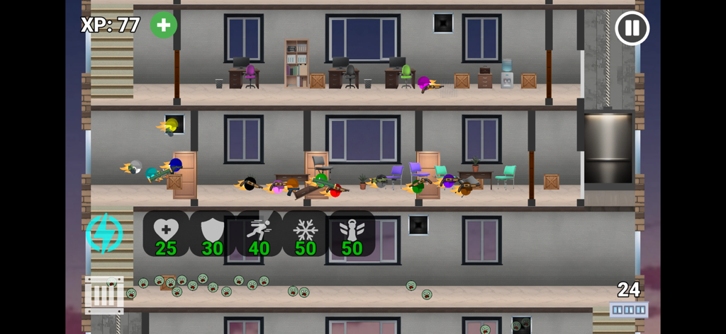 Zombie Tower Escape - Gameplay of Zombie Tower Escape showing colored marbles with weapons in a multi-story office building