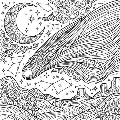 Embark on an epic coloring journey through the cosmos with this stunning Hale-Bopp Comet design. Capture the magic of a starry night, complete with a majestic comet, ornate moon, and a serene landscape awaiting your creative touch.