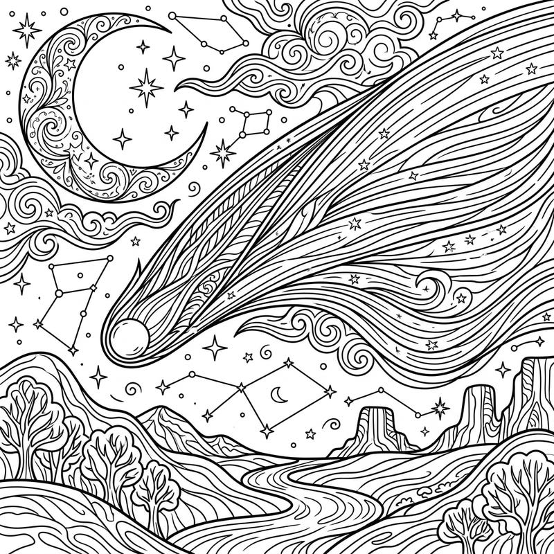 Embark on an epic coloring journey through the cosmos with this stunning Hale-Bopp Comet design. Capture the magic of a starry night, complete with a majestic comet, ornate moon, and a serene landscape awaiting your creative touch.