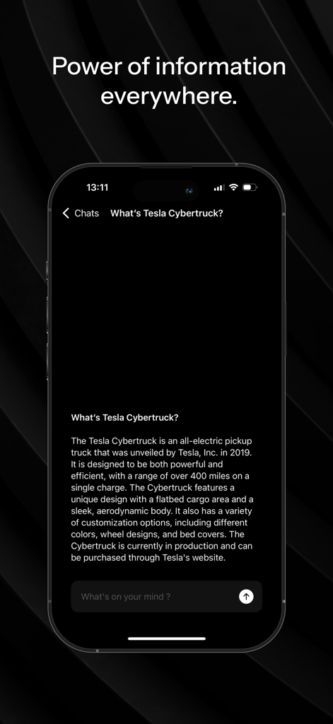 Local Brain - Local Brain app screenshot showing an AI chat response about the Tesla Cybertruck