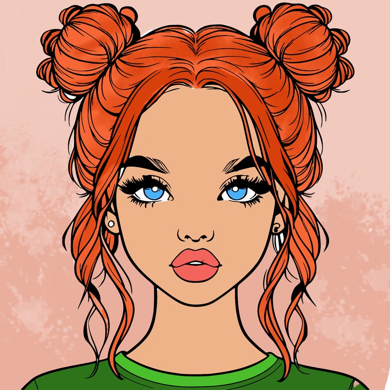realistic girl with two buns in hair and lips