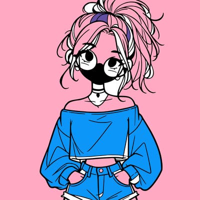 girl with a messy ponytail glasses a baggy crop top and jean shorts