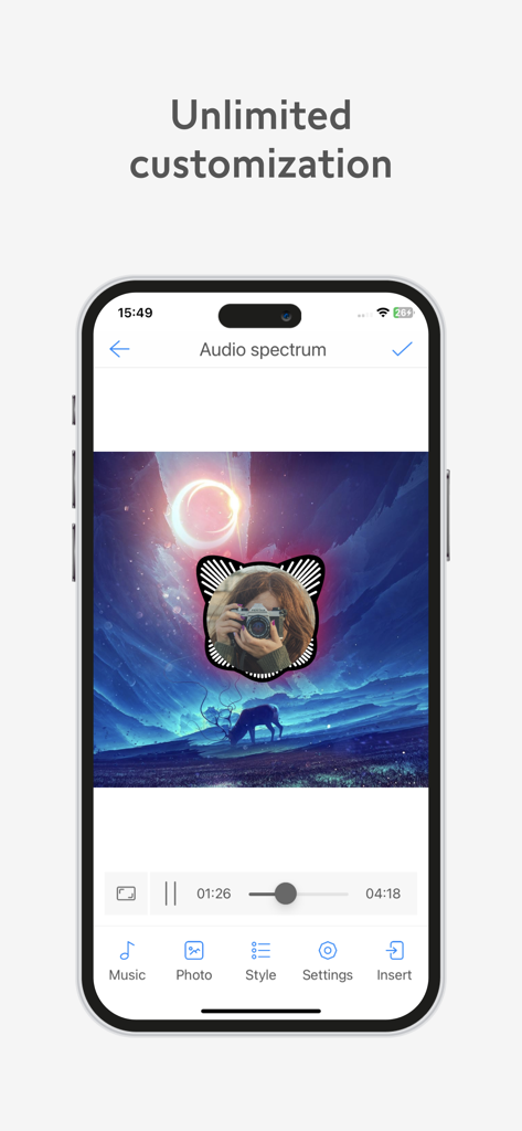 VivuVideo Maker & Editor - VivuVideo app interface showing a circular audio spectrum customization over a photo