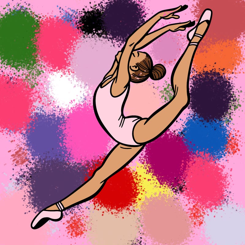 gymnast doing a leap in a leotard with a bent back leg