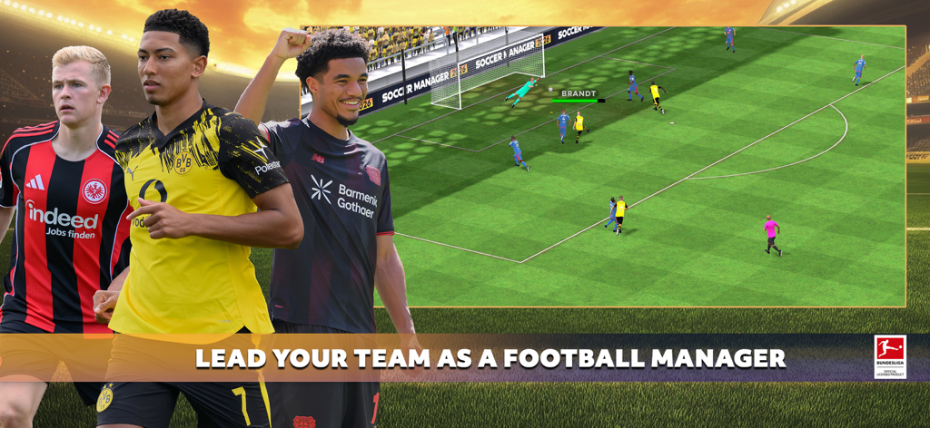 Promotional screenshot for Soccer Manager 2026 featuring professional football players and 3D match simulation gameplay