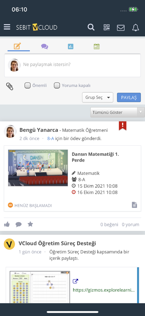 Sebit VCloud - A screenshot of the Sebit VCloud mobile app interface showing an educational activity feed with a math teacher post and student assignment details