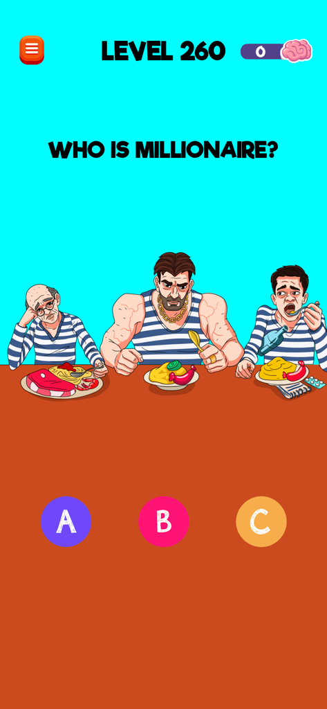 Riddle Test: Brain Teaser Game - A logic puzzle level from the game Riddle Test asking who is the millionaire among three characters