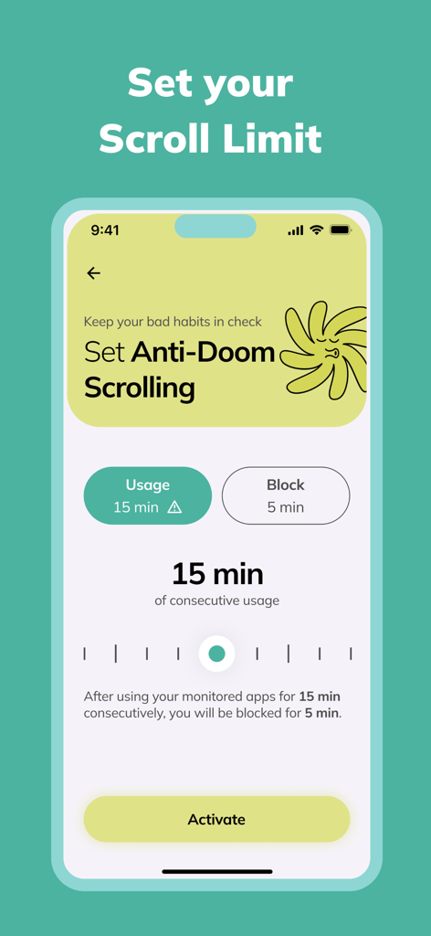 Screen showing the Detox app setting for an anti doom scrolling limit of 15 minutes of consecutive usage