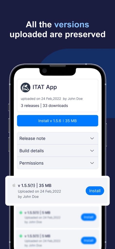 AppsOnAir - Interface showing multiple preserved app versions and build details on the AppsOnAir mobile app.