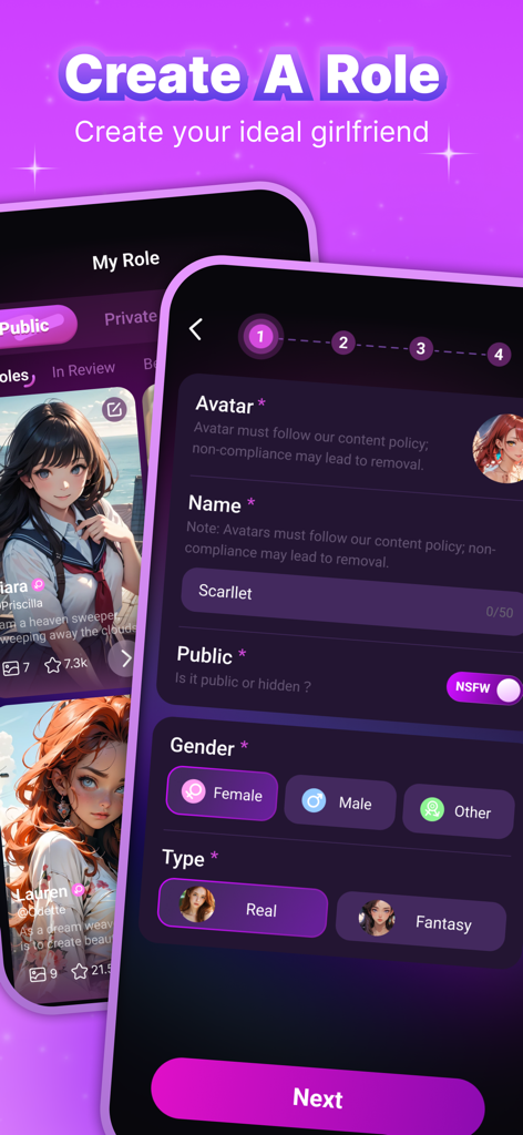 Oberfläche zum Erstellen eines benutzerdefinierten KI-Begleiters in der Cozy-App, die Namens-, Geschlechts- und Stilauswahl zeigt