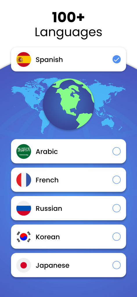 Translate Voice Translator App - Screenshot der Sprachübersetzer-App, der eine Liste von über 100 unterstützten Sprachen anzeigt, darunter Spanisch, Arabisch und Französisch