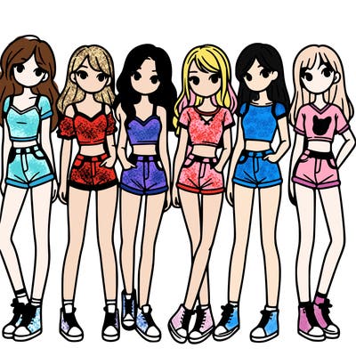 a group of girls wearing crop tops and shorts