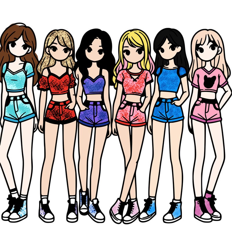 a group of girls wearing crop tops and shorts
