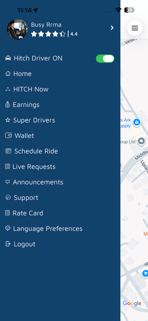 Side navigation menu of the Hitch Bermuda Driver app showing earnings wallet and schedule options