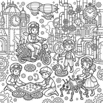 Unleash your creativity with this enchanting Steampunk Children Playing coloring page. Discover a world where young adventurers explore mechanical marvels and intricate Victorian landscapes.