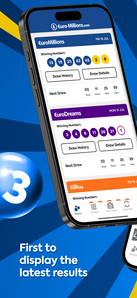 EuroMillions - Écran de smartphone affichant les derniers résultats des loteries EuroMillions et EuroDreams avec un compte à rebours avant le prochain tirage