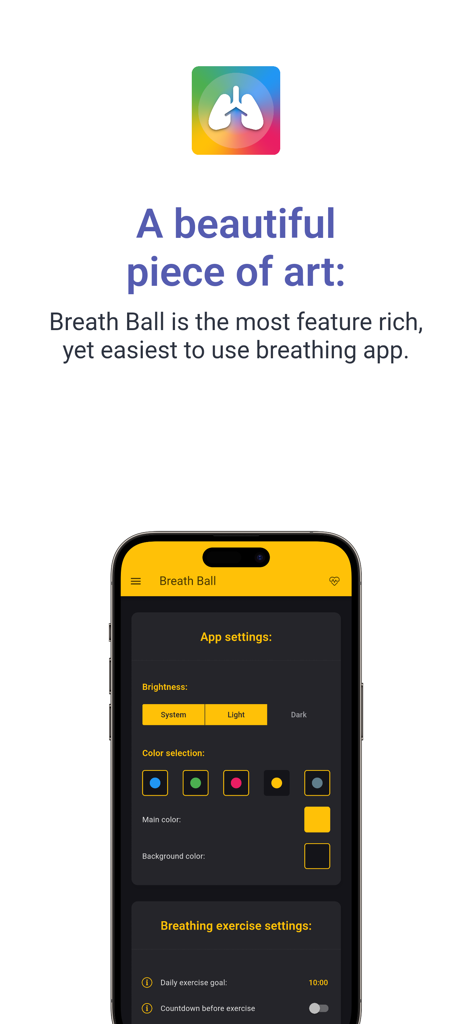 Breath Ball: Breathing & HRV - Interfaz de la aplicación Breath Ball que muestra la configuración de personalización para brillo, selección de color y objetivos de ejercicio de respiración.