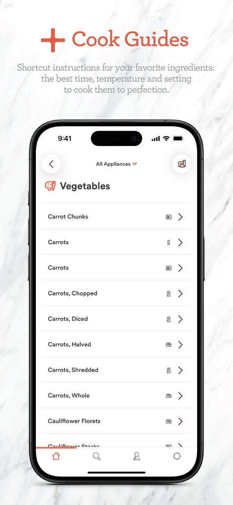 Breville+ Cooking - A screenshot of the Breville Plus app interface showing cooking guides for various vegetable preparations like diced and shredded carrots