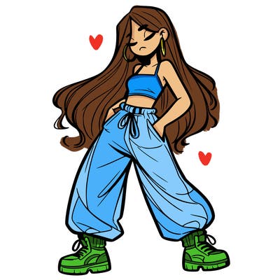 girl in baggy pants crop top and long hair