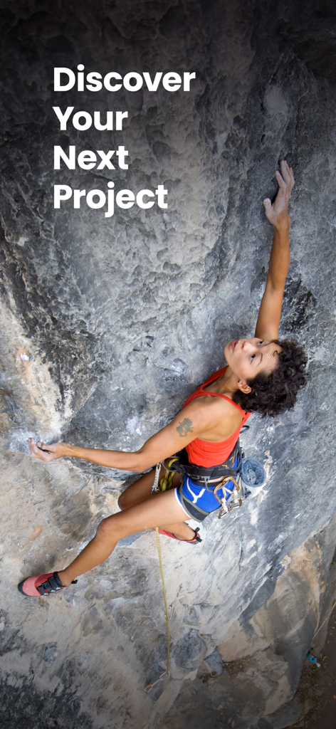 CragFinder by Progression - Una escaladora en roca escala una pared empinada con un texto superpuesto que dice Descubre tu Próximo Proyecto.